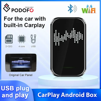 Podofo Carplay AI Box Carplay Dongle Android Auto Wireless Mirror Link 2G 32G 6K skirta Audi/VW/Scoda/Honda/Toyota/Nissan/Ford/Kia