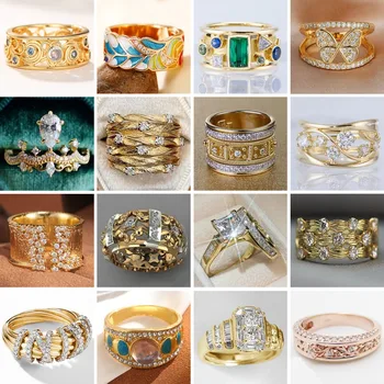 Prabangūs aukso spalvos sužadėtuvių vestuviniai žiedai Moterys Elegantiškas mados temperamentas Žiedai Jubiliejinis vakarėlis Papuošalai Aksesuarai