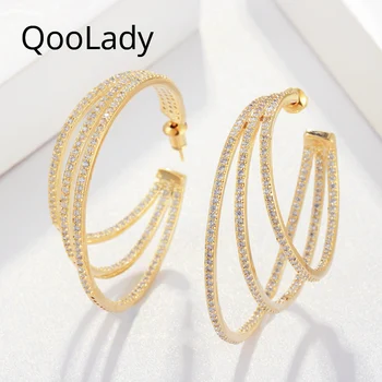 QooLady 3 Row Fashion Luxury Micro Pave CZ Gold Color Chic Big Loop Circle Ladies Round Hoop auskarai moteriškiems papuošalams E126