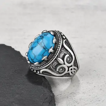 Retro rankų darbo natūralaus akmens ženklo žiedai vyrams Moterys Nerūdijančio metalo piršto žiedas Naujas Punk motorinių baikerių žiedas Mėlynas turkis