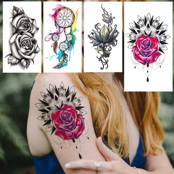 Rose Henna gėlė Laikina tatuiruotė moterims Mergaitės Didelis Dreamcatcher Netikros tatuiruotės Lipdukas Auksinis lotosas Tatoos Kūno rankos šlaunies piešinys