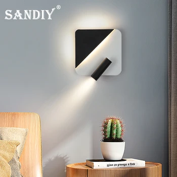 SANDIY Led Wall Sconce 8W naktinė lempa su prožektoriumi reguliuojama skaitymo šviesa Juoda balta miegamojo šviestuvas Rotaable 110V-240V