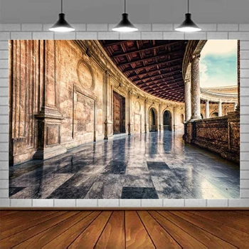 Senovinė viduramžių architektūrinė fotografija Fonas Miesto siena Madrido architektūra Retro arkos kolonos Blankus šviesus fonas