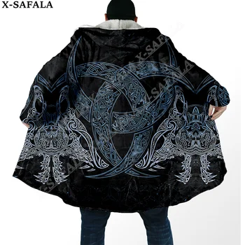 Simbolis Viking Tattoo Raven Odin paltas Paltas 3D Print Storas šiltas apsiaustas su gobtuvu Vyrai Vėjo nepraleidžianti vilna Unisex Casual-3