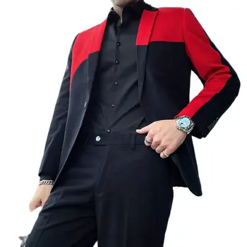 Slim Fit Black Red Stitching Vyriškas paltas Įpjova Atvartas Blazer Kelnės Jaunikiai Kostiumai Vakarėlis Dėvėti 2Pcs Prom Rūkymas Vyriška striukė+Kelnės