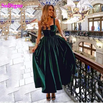 SoDigne Simple Green Velour Vakarinės vakarėlio suknelės Elegantiškos trumpos prom suknelės Arbatos ilgis 2021 Ypatinga proga Chalatai plius dydis