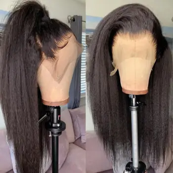 Soft Black Yaki Kinky Straight Natural Long 26 colių plaukų perukas moterims Natūrali plaukų linija Kinky tiesus perukas su Afro kūdikių plaukais