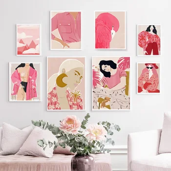 Spausdinti sieninį paveikslą svetainei ir rožinių gėlių akinius Fashion Ladies Eagle Art Canvas Painting Abstract Nordic Poster