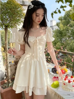 Summer Chifon Bow Ruched Princess Mini suknelė Moterys Prancūziškos pūstos rankovės vakarėlis Retro suknelė Moteriška liekno prigludimo temperamento suknelė 2022