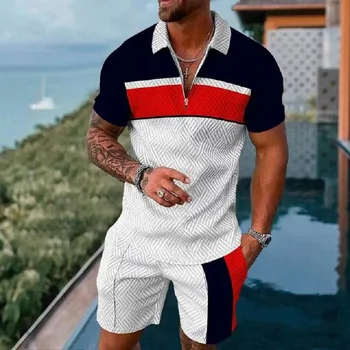 Summer Striped Vyriškas sportinių kostiumų komplektas Polo marškiniai Šortai 2 dalių laisvalaikio kostiumas Pasukite žemyn apykaklę Marškiniai su užtrauktuku Fashion Beach apranga