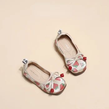 Sweet Girls Casual Single Shoes with Bow Kids Spring Non-slip Child Fashion Cute Strawberry Printing Loafers Princess Mary Janes