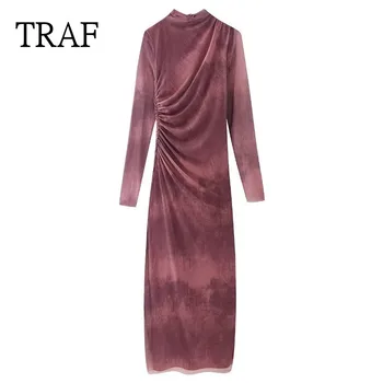TRAF 2023 Mesh Print Moteriškos suknelės ilgomis rankovėmis Ruched suknelė Moteriški drabužiai Vintage Midi laisvalaikio suknelė Vasarinės Bodycon suknelės