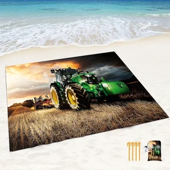 Traktoriaus paplūdimio antklodės smėliui atsparus kilimėlis su kampinėmis kišenėmis ir tinkliniu krepšiu paplūdimio vakarėliui, kelionėms, stovyklavimui ir lauko muzikos festivaliui