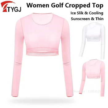 TTYGJ Moterys Plonas ledo šilkas Golfo apatiniai drabužiai Moterys Nuo saulės atsparios ilgomis rankovėmis Apkarpytos viršutinės anti-UV kvėpuojančios skaros pusės ilgio golfo marškiniai