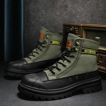 Vintage Army Green Vyrų mados batai 2023 Classic Shell Head Flat Ankle Batai vyrams Gatvės motociklų batai Man saugos batai