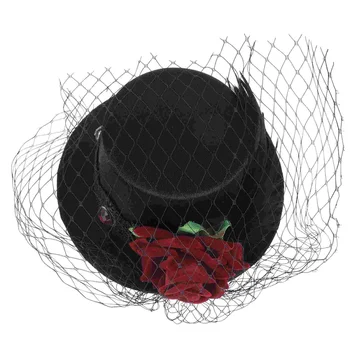 Vintage Style Red Rose Mesh Hat Adult Boys And Girls Halloween Party Decoration Decor Use Hat(Black)