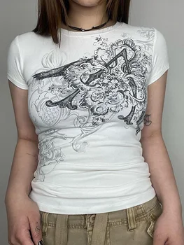 Vintažinis retro stiliaus grafinis atspaudas Trumpomis rankovėmis apkarpytas viršus moterims Madingi punk marškinėliai E-Girls Teen Special Streetwear