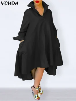 VONDA Fashion Sundress 2024 Moterys Elegantiška Midi suknelė ilgomis rankovėmis Vienspalvė laisva laisvalaikio saga aukštyn Vakarėlis Ilgi marškiniai Chalatas Femme