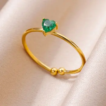 Žali cirkoniniai širdies žiedai moterims Paauksuoti reguliuojami vitražai Plieninis žiedas Vestuvinis prabangus estetinis papuošalas Dovanos jai