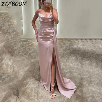 Žavinga rožinė be petnešėlių atvira nugara be rankovių vakarinė suknelė 2024 m. Undinės šoninis plyšys Grindų ilgis Šlavimo traukinio užtrauktukas Prom suknelė