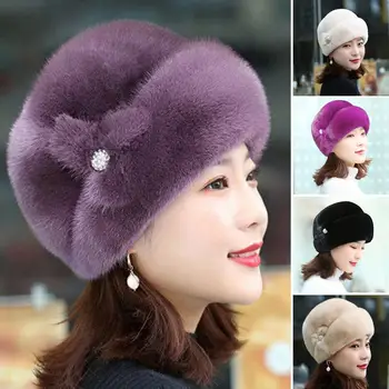 Žieminė skrybėlė Rusiškas dirbtinis triušis Kailio gėlių dekoras Dekoras Sutirštinta prabanga Laikyti šiltą rudenį Žiema Terminė Vidutinio amžiaus moterų kepurė
