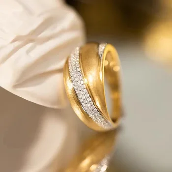 Foydjew Prancūziško stiliaus retro elegantiškas vielos piešimo amatas Plataus veido žiedai Moterų mados aukso spalvos inkrustuotas deimantinis žiedas