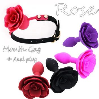 Manyjoy Soft Silicone Rose Shape Mouth Gag Oral Bondage Anal Butt Plugs Sex Toys for Adult Slave Flirting Rose Set Toys Cosplay