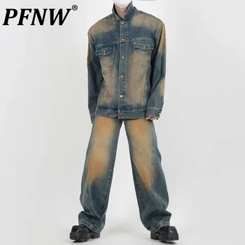 PFNW Vintage Washe Denim dviejų dalių rinkiniai Vyriškos striukės Dėvėti vyriški džinsai High Street Wide Leg Straight Pants Autumn New 28W1972